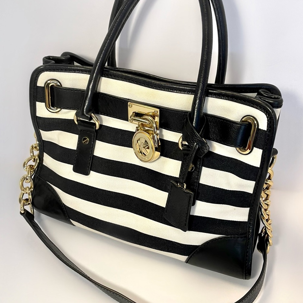 Michael Kors Black White Striped Canvas Hamilton Bag